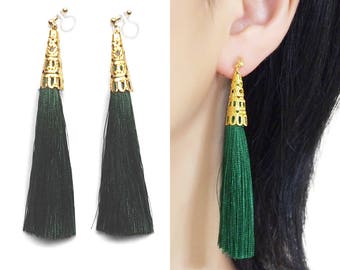 Green tassel clip on earrings,dangle fringe invisible clip on earrings,non pierced earrings,comfortable gold boho clip on earrings