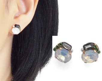 Rhinestone Invisible Clip On Earrings, White Crystal Clip On Earrings, Non Pierced Earrings, Comfortable Black Clip On Stud Earrings