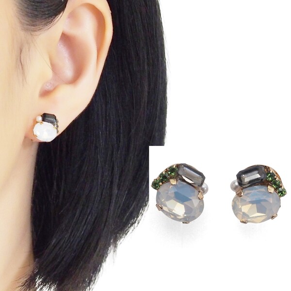 Rhinestone Invisible Clip On Earrings, White Crystal Clip On Earrings, Non Pierced Earrings, Comfortable Black Clip On Stud Earrings