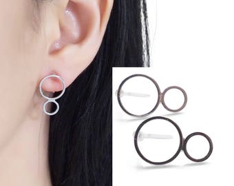 Silver open circle clip on earrings stud, Double hoops invisible clip on earrings, clip-on hoop earrings, non pierced earrings