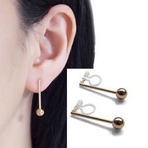Bar invisible clip on earrings, gold ball clip on earrings stud, non pierced earrings, stick clip on earrings