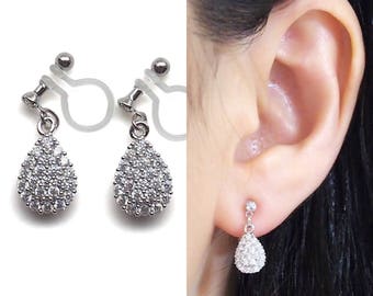 CZ clip on earrings non pierced earrings wedding crystal invisible clip on earrings dangle  silver bridal cubic zirconia clip on earrings