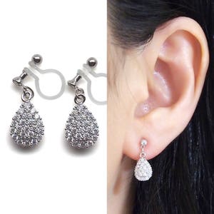CZ clip on earrings non pierced earrings wedding crystal invisible clip on earrings dangle  silver bridal cubic zirconia clip on earrings