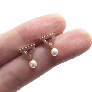 Rose gold earrings, Triangle Earrings, Simple stud earrings, Minimalist Earrings, Pearl earrings, Dainty studs, Sterling silver earrings
