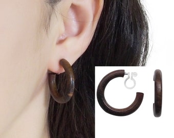 Brown Wood Clip On Hoop Earrings Thick Wood Hoops Invisible Clip On Earrings Non Pierced Earrings Lightweight Modern Clip Earrings
