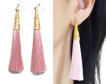 Pink Clip On Earrings Tassel. Fringe Clip On Earrings Dangle. Modern Gold Clip Earrings. Boho Filigree Cap Clip on, Non Pierced Earrings