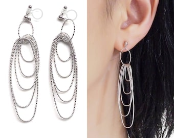 Silver Clip On Earrings Hoops Invisible Clip On Earrings Long Oval Hoop Clip On Earrings Dangle Clip On Hoop Earrings Drop Earrings