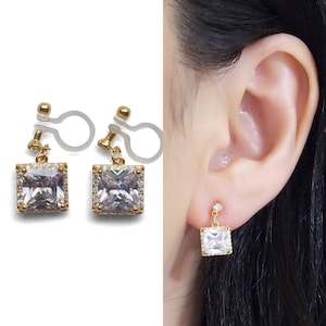 Bridal Cubic Zirconia Clip On Earrings, Wedding Square CZ Invisible Clip On Earrings, Dangle Gold Crystal Clip-ons, Non Pierced Earrings