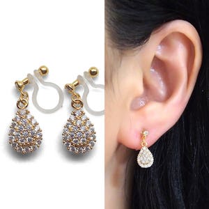 Bridal clip earrings cubic zirconia clip on earrings teardrop micro pave crystal invisible clip on earrings wedding cz clip on earrings