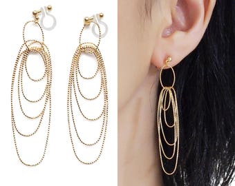 Gold Clip On Earrings Hoops Invisible Clip On Earrings Dangle Textured Loop Clip Earrings Long Oval Hoop Clip-Ons Non Pierced Earrings