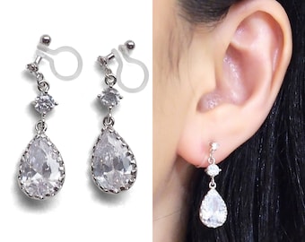 Bridal crystal clip on earrings dangle cubic zirconia invisible clip on earrings cz  clip on earrings silver clip on non pierced earrings