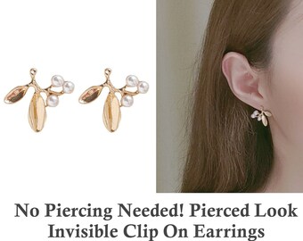 Clip On Double Leaf Earrings Lightweight Clipon or Fish Hook Design Silver Gold Small