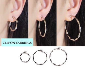 Clip de cerceaux torsadés sur boucles d’oreilles, clip sur boucles d’oreilles, clip en argent sur boucles d’oreilles, boucles d’oreilles non percées, clip sur boucles d’oreilles cerceau, clip confortable sur