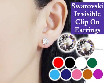 Invisible Clip On Earrings, Swarovski Crystal Clip On Stud Earrings, Rhinestone Non Pierced Earrings