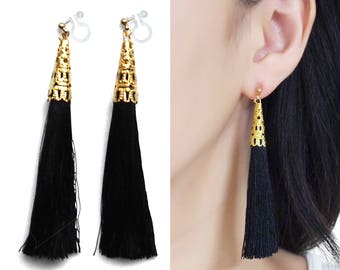 Black clip on earrings tassel fringe invisible clip on earrings dangle gold long modern clip on earrings non pierced earrings