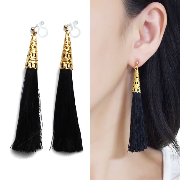 Black clip on earrings tassel fringe invisible clip on earrings dangle gold long modern clip on earrings non pierced earrings