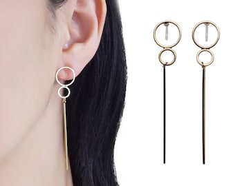 Long bar invisible clip on earrings, gold double hoop clip on stud earrings, simple non pierced earrings, minimalist circle clip earrings