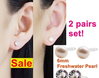 Boucles d'oreilles clip invisible, boucles d'oreilles clip perles d'eau douce 6 mm, boucles d'oreilles clip cristaux Swarovski, boucles d'oreilles non percées, 2 paires