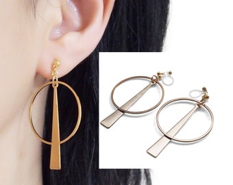 Invisible geometric gold clip on earrings, dangle clip on hoop earrings, comfortable modern triangle motif clip-ons, non pierced earrings