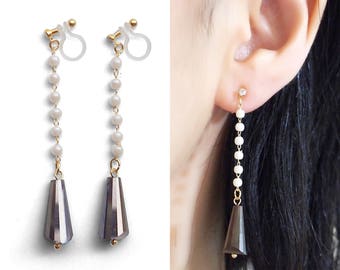 Pearl Clip On Earrings Dangle Clip On Earrings Long Clip On Earrings Brown Triangle Crystal Clip Earrings Drop Clip-Ons Non Pierced Earrings
