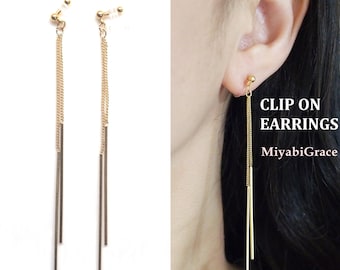 Clip on earrings dangle, gold bar invisible clip on earrings, gold stick clip on earrings, non pierced earrings, clip on earrings