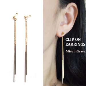 Clip on earrings dangle, gold bar invisible clip on earrings, gold stick clip on earrings, non pierced earrings, clip on earrings