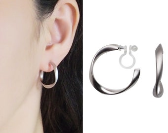 Clip torsadé sur boucles d’oreilles cerceau, clip cerceau invisible argenté sur boucles d’oreilles, boucles d’oreilles non percées, boucles d’oreilles clip moyennement épaisses sur cerceau, cerceaux