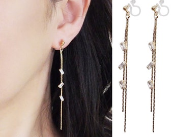 Kristal bungelen onzichtbare clip op oorbellen, gouden ketting clip oorbellen, strass clip-ons, bungelen oorbellen, niet doorboorde oorbellen