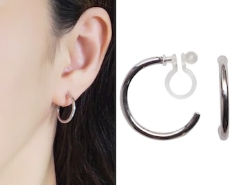 Silver Hoop Clip On Earrings, Medium Invisible Clip On Hoop Earrings, Dainty Silver Clip On Hoop Earrings, 20mm, Non Pierce Earrings