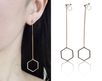 Clip On Boucles d’oreilles Dangle Invisible Or / Argent Hoop Minimalisme | Clip confortable | Boucles d’oreilles Long Threader Hexagon | Oreilles non percées