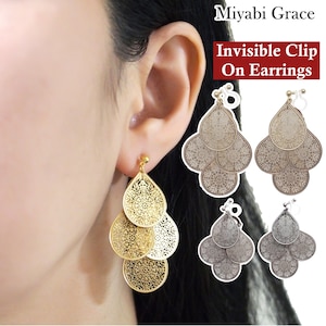 Baumeln Gold Filigrane Ohrclips, Tropfen Unsichtbare Ohrclips, Nicht durchbohrte Ohrringe, Spitze Silber Ohrclips