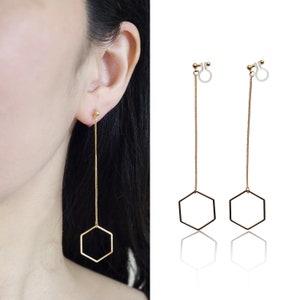 Clip On Earrings Dangle Invisible Gold/Silver Hoop Minimalism |Comfortable Clip | Long Threader Hexagon Earrings |Non Pierced Ears