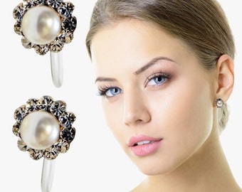 Pendientes con clip invisible de perla blanca, pendientes con clip de cristal nupcial, pendientes con clip de boda no perforados con diamantes de imitación dorados elegantes