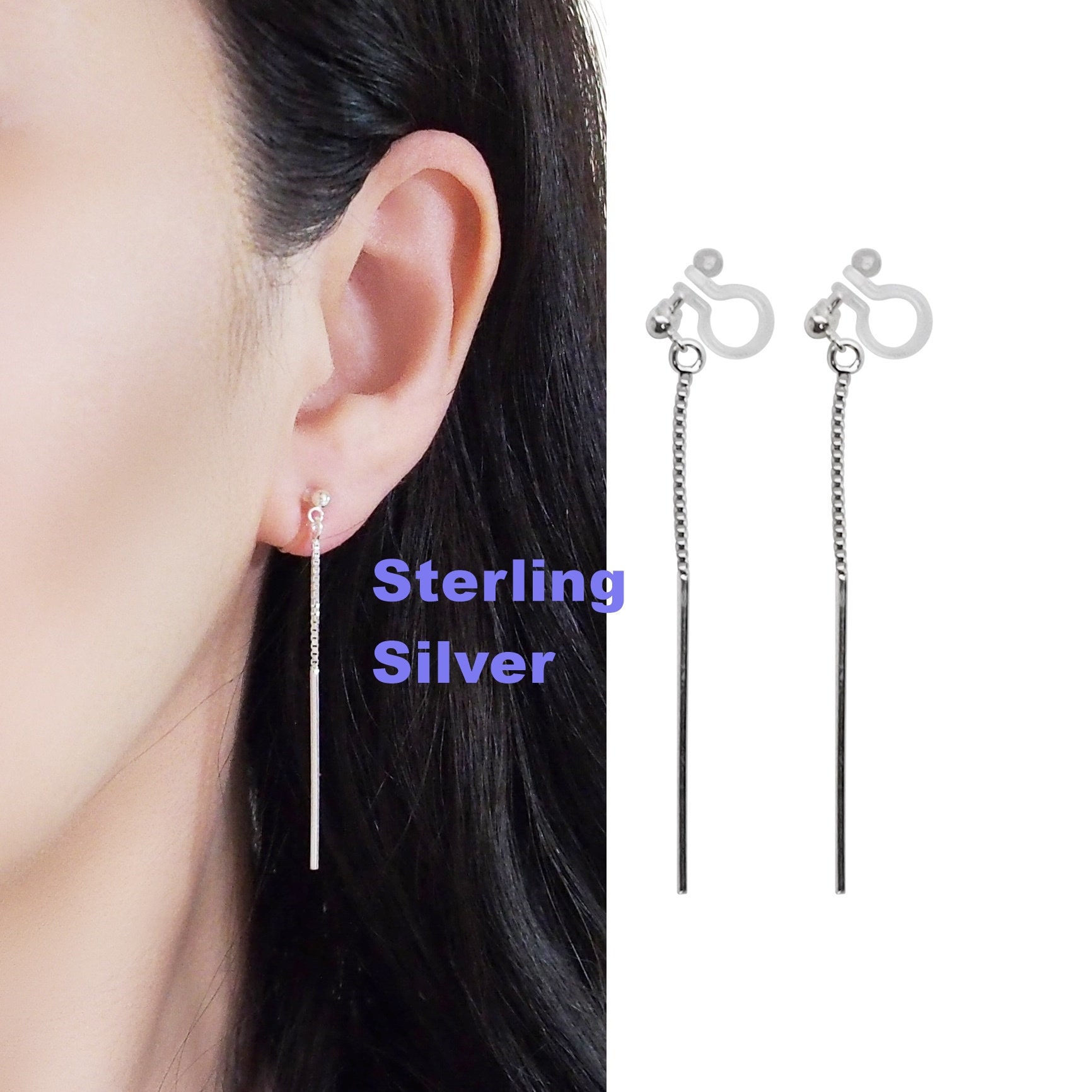 925 sterling silver clip on earrings comfortable bar chain Etsy