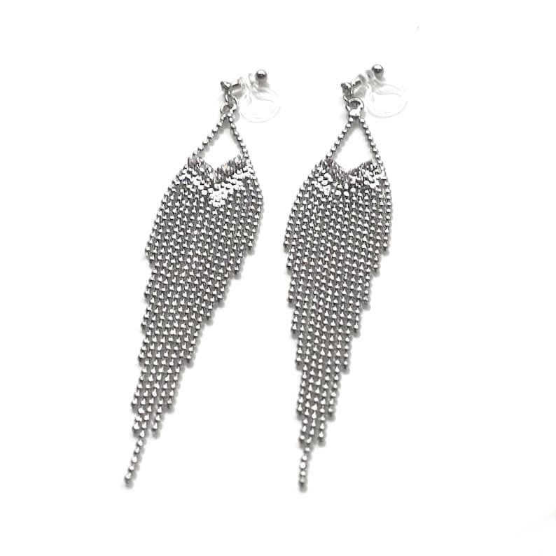 invisible clip on earrings non pierced earrings Silver fringe clip on earrings long chain clip on earrings dangle clip on earrings