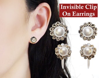 White Pearl Invisible Clip On Earrings, Bridal Crystal Clip On Stud Earrings, Elegant Silver Rhinestone Non Pierced Wedding Clip-On Earrings