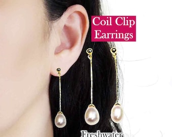 Pendientes colgantes con clip de perlas de agua dulce, pendientes con clip de perlas blancas nupciales de 6 mm, cómodos pendientes con clip en espiral de cadena larga de oro para mujer