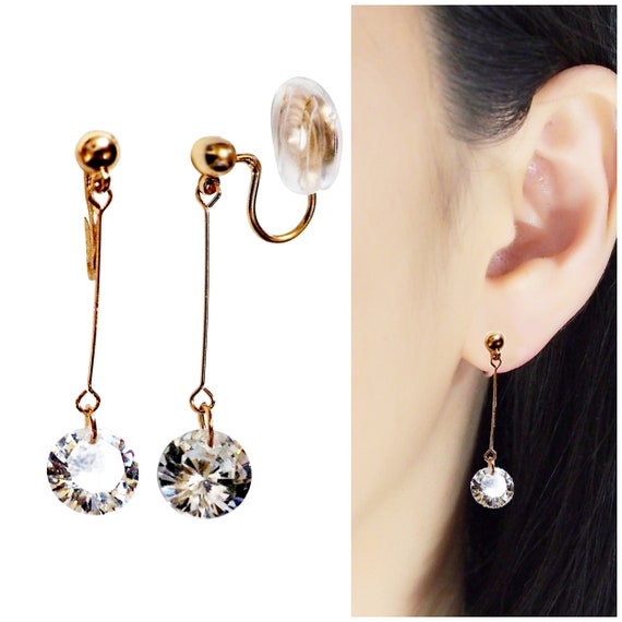 Clip on Earrings Invisible Gold Cubic Zirconia Dangle Earrings