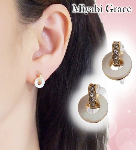 Mother of Pearl Invisible Clip on Earrings White Shell Hoop Clip