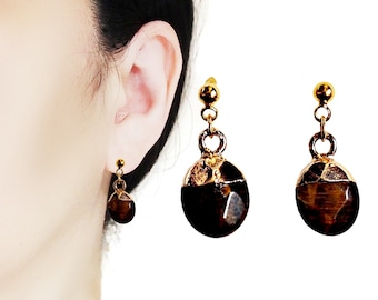 Dangle Oval Tiger's Eye Invisible Clip On Earrings, Comfortable Non Pierced Earrings, Gold Tone Drop Brown Gemstone Clip On Earrings
