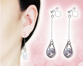 CZ clip on earrings dangle, Cubic zirconia crystal invisible clip on earrings, Silver teardrop clip earrings, Non pierced earrings