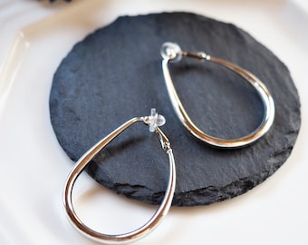 Clip On Earrings Silver Hoop Thick | Teardrop Chunky Clip On Hoop Earrings｜Non Pierced Ears | Silver Invisible Thick Clip On Hoop Earrings