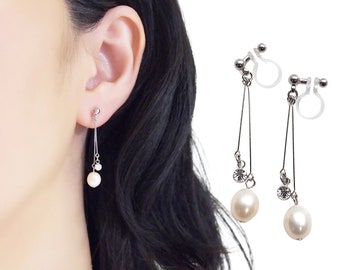 White freshwater pearl clip on earrings, pearl clip on earrings dangle, wedding silver non pierced earrings, bridal pearl clip on earrings