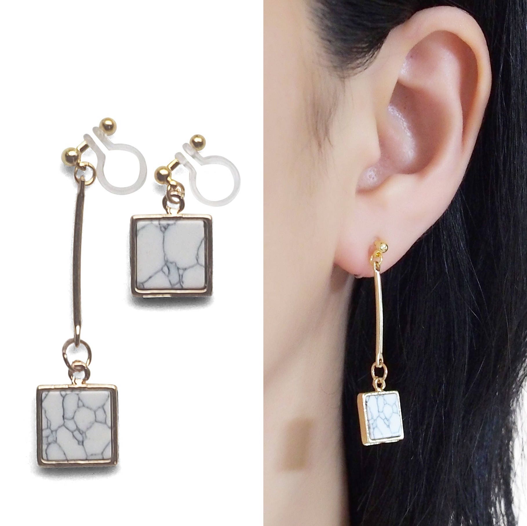 Square Stone Clip on Earrings Dangle. Long Asymmetric White Marble Invisible Clip on Earrings. Gold Clip Earrings, Non Pierced Earrings