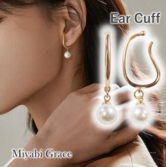Pearl Cuff Earrings Gold Ear Cuffs Dangle Clip on Earrings
