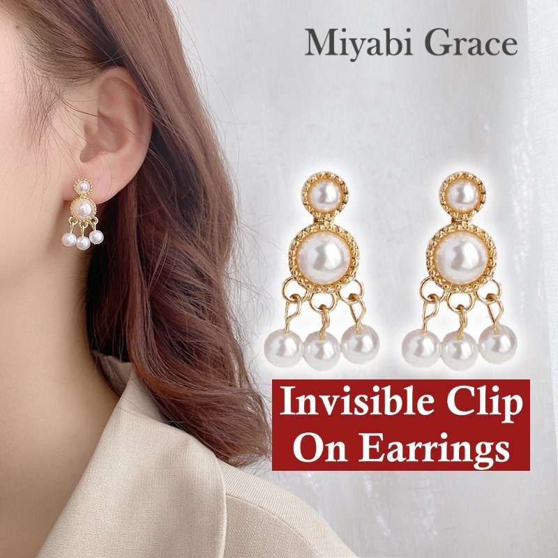 White Pearl Invisible Clip on Earrings Dangle Round Pearl Clip on
