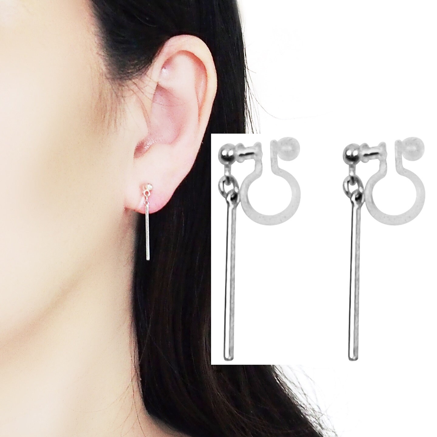 Silver Bar Invisible Clip on Earrings, Silver Short Stick