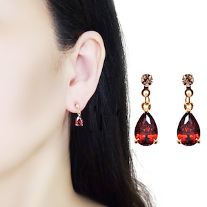 Red Cubic Zirconia Dangle Clip On Earrings, Crystal CZ Teardrop Invisible Clip On Earrings, Non Pierced Earrings, Dainty Bridal Earrings