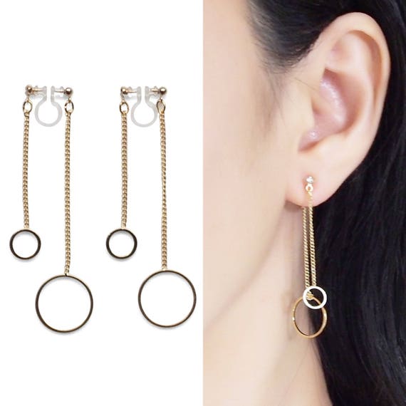 Double Sided Clip on Earrings Dangle Gold Hoops Invisible Clip On