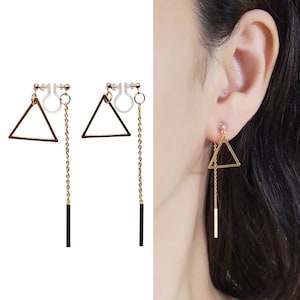 Dangle Triangle Invisible Clip On Earrings, Double Sided Gold Clip-On Earrings, Dangle Non Pierced Earrings, Gold Bar Clip Earrings